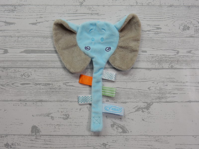 Funnies speendoek knuffeldoek velours blauw grijs labels Olifant