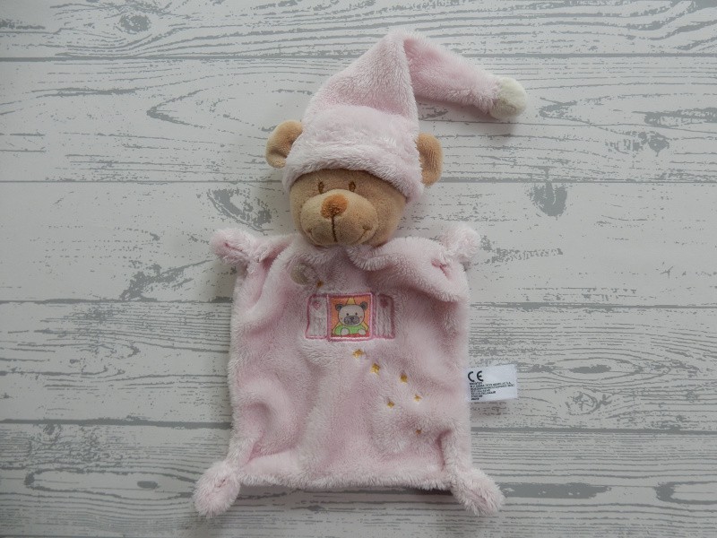 Nicotoy knuffeldoek velours roze beige slaapmuts beer