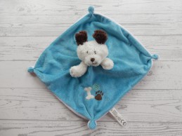 Tender Toys knuffeldoek velours blauw wit bruin hond