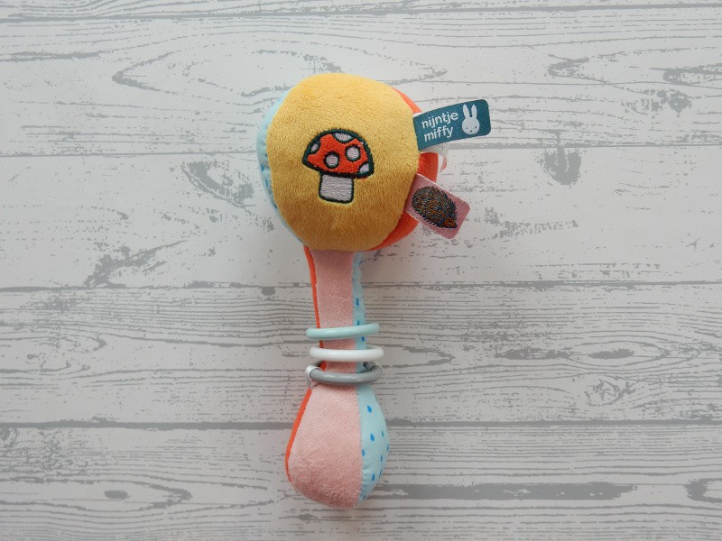 Nijntje balrammelaar velours blauw oranje geel roze ringen paddenstoel