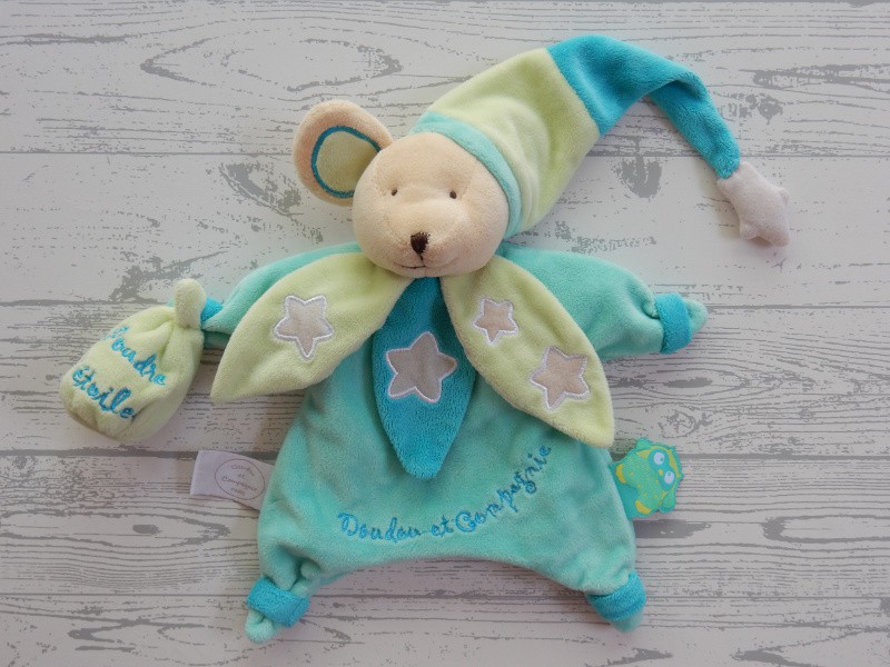 Doudou et Compagnie knuffel handpop velours blauw groen Muis