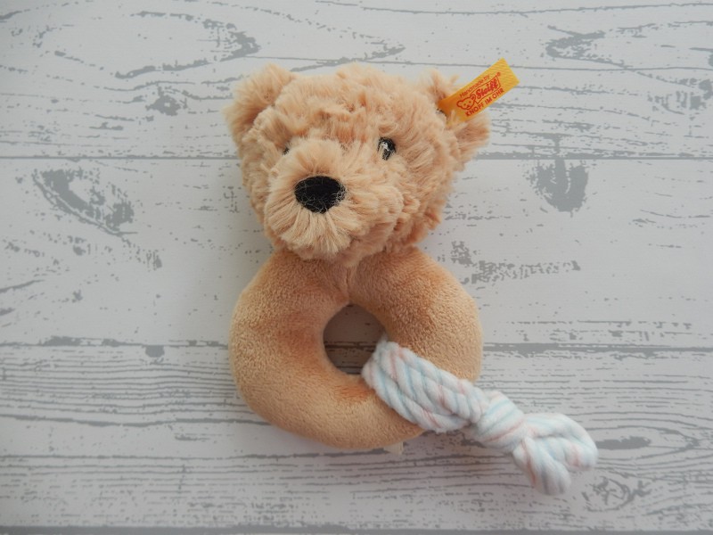 Steiff knuffel rammelaar velours beige bruin beer Jimmy 14 cm