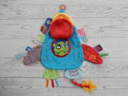 Label Label knuffeldoek labeldoek velours blauw geel Holiday raket