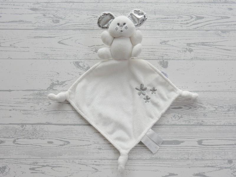 Tiamo knuffeldoek velours wit zilver bloemetjes Muis