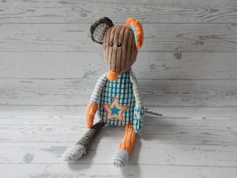Wilberry Toys knuffel katoen velours rib bruin oranje petrol Muis