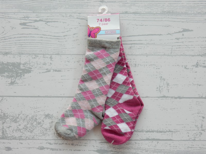 Frendz 2 paar kniesokken grijs roze ruit maat 74-86