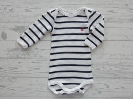 Petit Bateau romper lange mouw wit donkerblauw gestreept maat 56-62