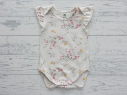 Hema romper zonder mouw ruches ecru groen roze bloemetjes maat 50-56