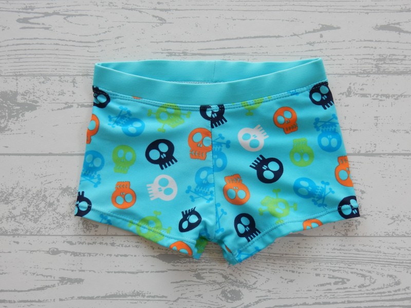 Zwembroek jongens aqau blauw lime oranje zwart skelet maat 98-104
