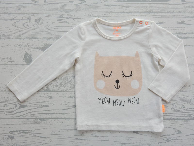 Hema longsleeve wit beige poes Meow Meow Meow maat 68