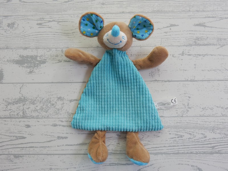 Tender Toys knuffeldoek velours aqua blauw bruin Muis