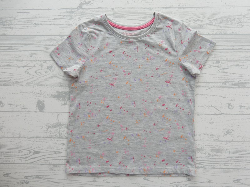 T-shirt kinder shirt grijs melange roze oranje paars spetters maat 122