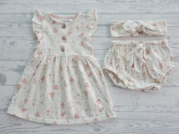 Prenatal newborn jurk broekje haarband ecru lichtroze bloemetjes maat 56