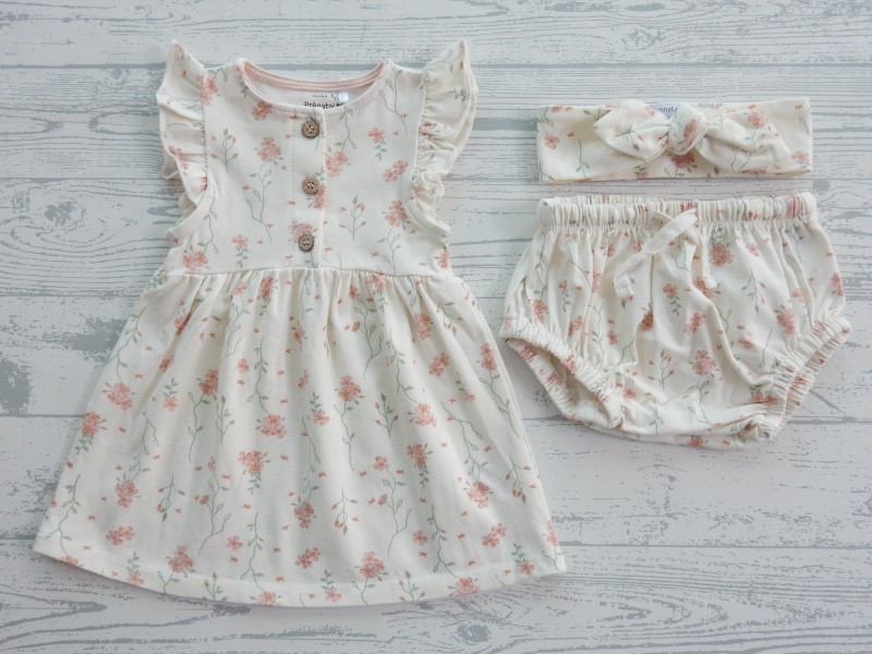 Prenatal newborn jurk broekje haarband ecru lichtroze bloemetjes maat 56