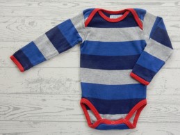 Hema romper lange mouw grijs donkerblauw rood gestreept maat 62-68