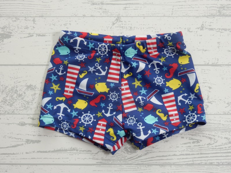 Zwembroek jongens blauw geel rood vuurtoren ankers vissen maat 86