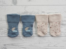 Set 2 paar babysokken omslag blauw petrol beige maan ster maat 0-3 maanden