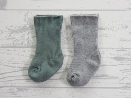 Set 2 paar babysokken omslag rib groen grijs maat 0-3 maanden