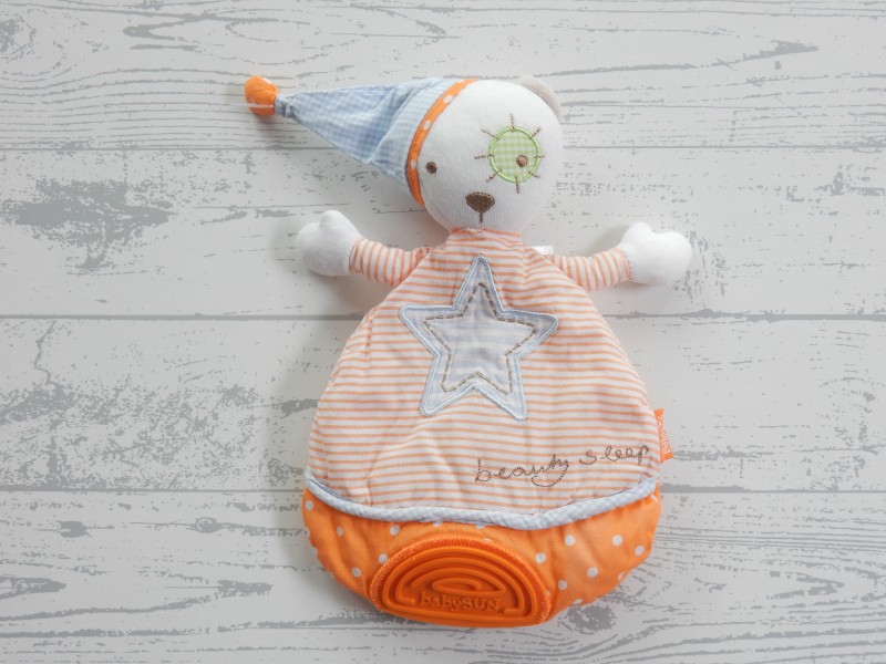 Babysun knuffeldoek velours katoen lichtblauw oranje beer beauty sleep
