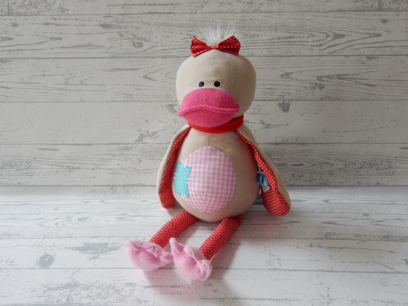 Lief! Lifestyle knuffel katoen bruin roze rood geruit zittend eend