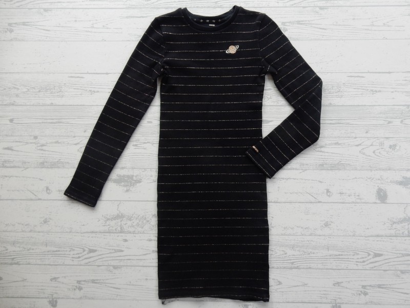 WE Fashion jurk ribstof zwart goud glitter streep Angel Melis maat 122-128