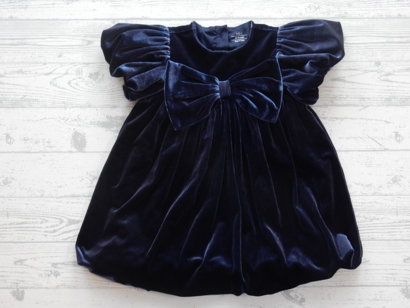 M&S jurk velvet fluweel donkerblauw strik maat 86
