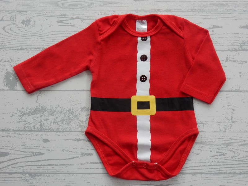 Romper lange mouw rood wit zwart geel kerstman pak maat 50-56
