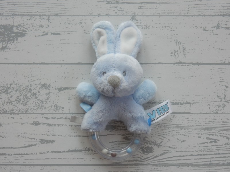 VIB knuffel rammelaar ring velours blauw wit grijs konijn