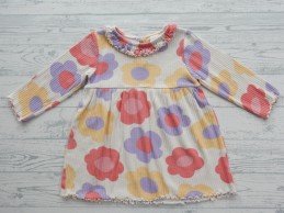 H&M jurk geribd ecru roze geel lila bloemen ruches maat 74