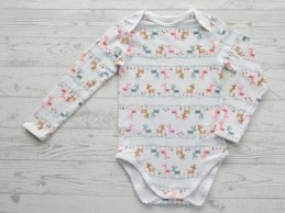 Hema romper lange mouw wit fluor roze bruin grijs hertjes maat 98-104