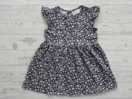 H&M jurk tricot donkerblauw roze beige bloemen ruches maat 80