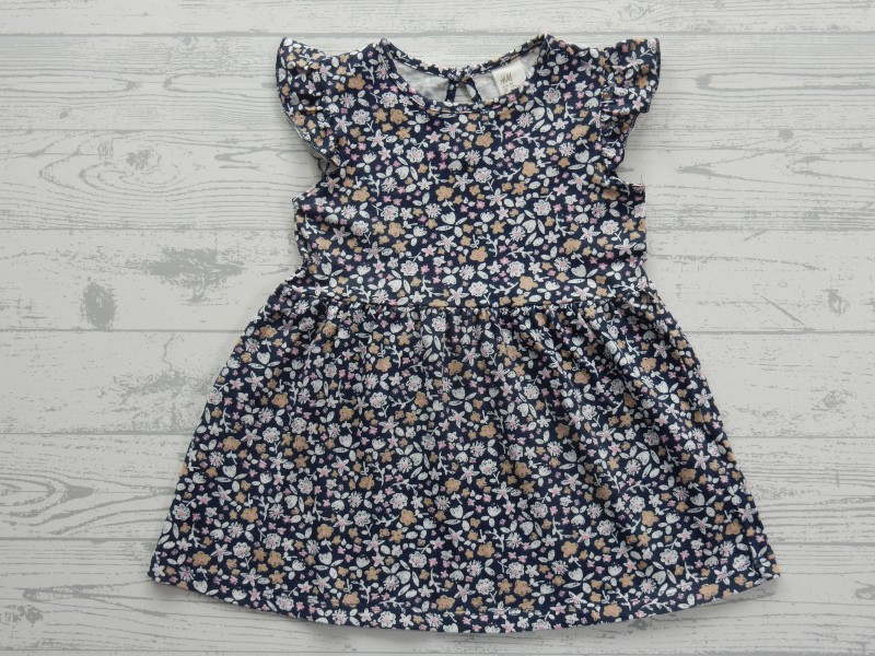 H&M jurk tricot donkerblauw roze beige bloemen ruches maat 80