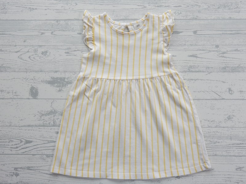 H&M jurk tricot wit geel gestreept ruches maat 80
