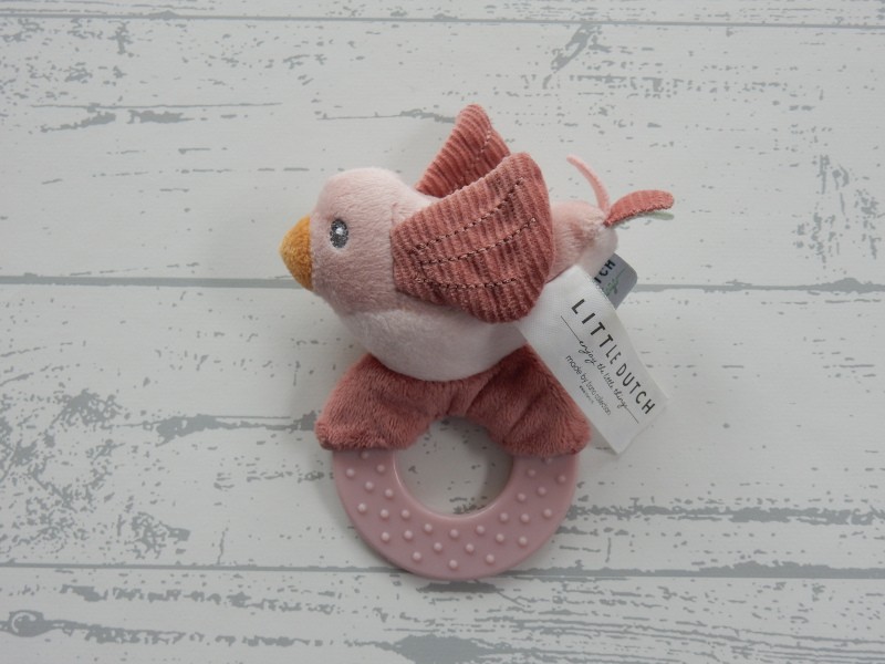 Little Dutch knuffel rammelaar bijtring velours roze vogel Flowers & Butterflies