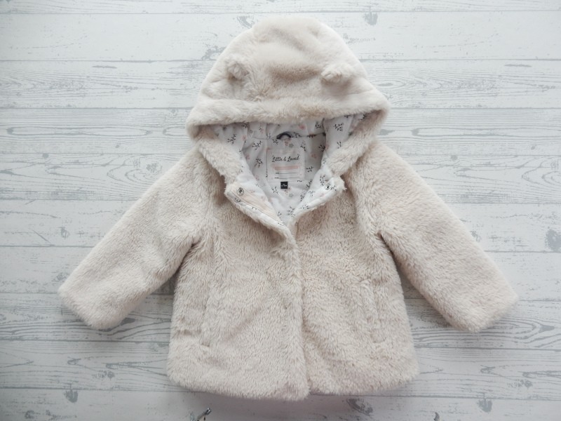 C&A winterjas fluffy beige zand roze groen bloemetjes maat 86
