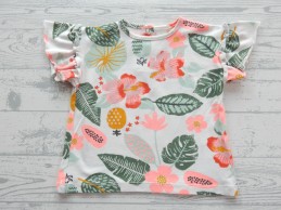 Hema t-shirt ruches wit groen fel roze gebloemd maat 68