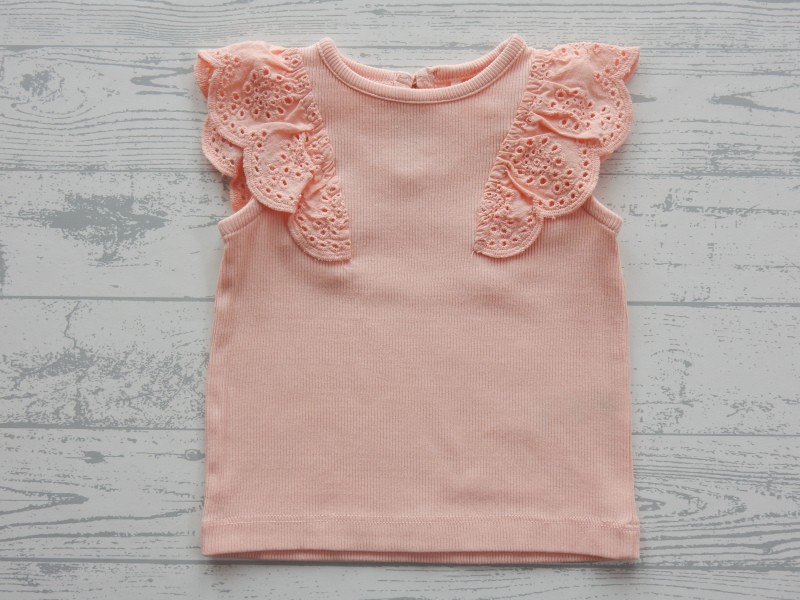 Hema singlet hemd broderie volants rib zalmroze maat 68