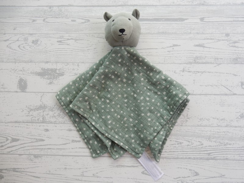 Primark baby knuffeldoek katoen mousseline groen wit stippen beer