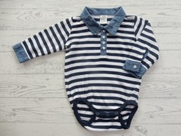 H&M romper lange mouw blauw gestreept spijkerstof kraagje maat 68