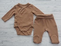 C&A baby set romper lange mouw broekje ribstof bruin maat 50