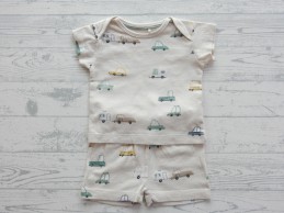 Prenatal shortama beige groen geel bruin voertuigen maat 62
