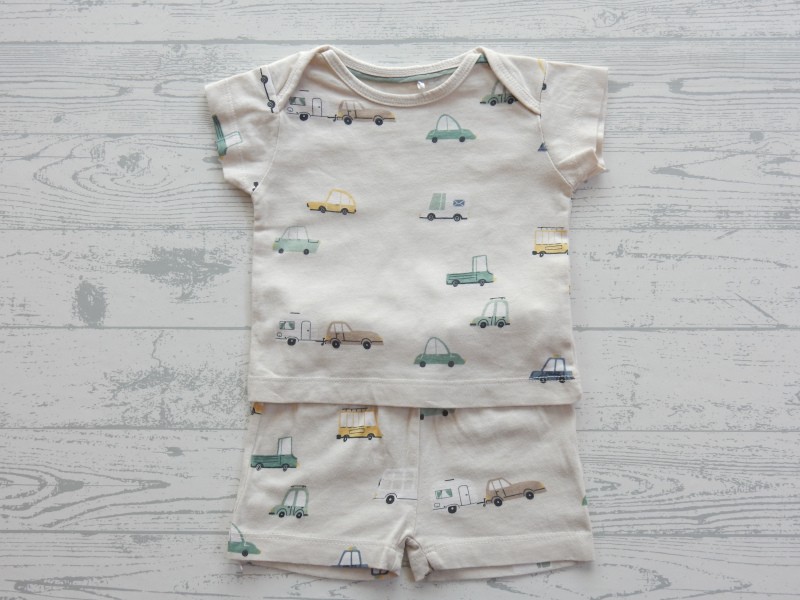 Prenatal shortama beige groen geel bruin voertuigen maat 62