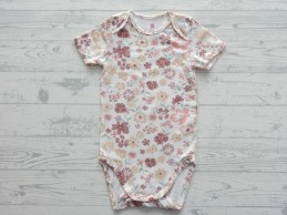 Hema romper korte mouw ecru paars roze geel bloemen maat 86-92