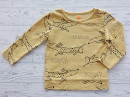 Hema baby shirt sweatstof geel zwart hond teckel maat 74